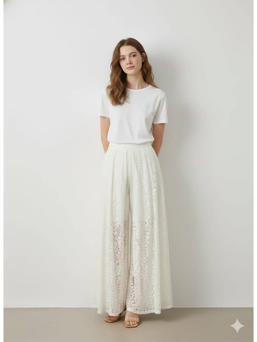 Camille Ecru Wide Lace PantsPosh Boutique